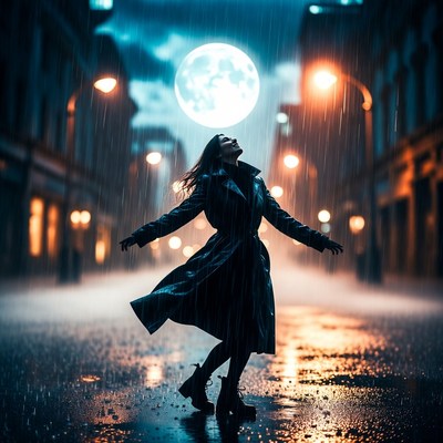 Woman dancing in rain at night