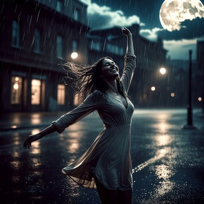 Woman dancing in rain at night