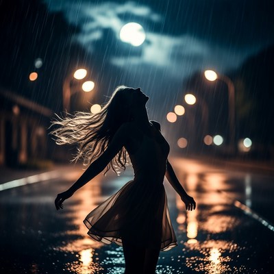 Woman dancing in the rain at night