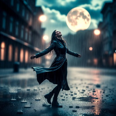 Woman enjoying rain in the city