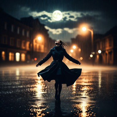 Woman in rain under full moon