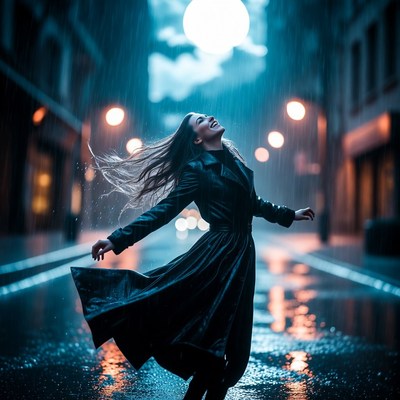 Woman dances in rain at night