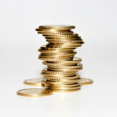 Stack of golden coins on a white background
