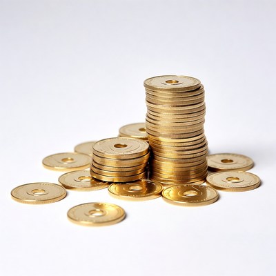 Stacks of gold coins on a white surface