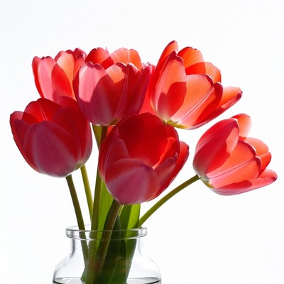 Red tulips in clear vase with water