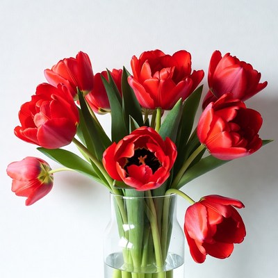 Red tulips in clear vase on table