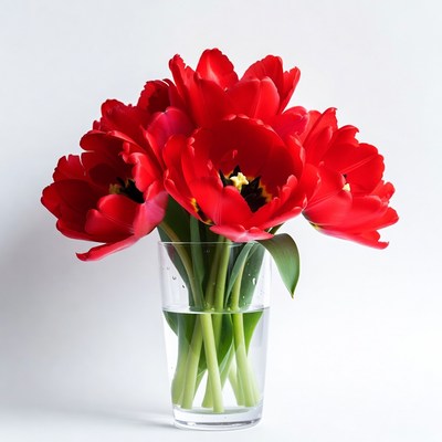 Bright red tulips in a glass vase