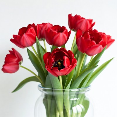 Fresh red tulips in clear vase for display