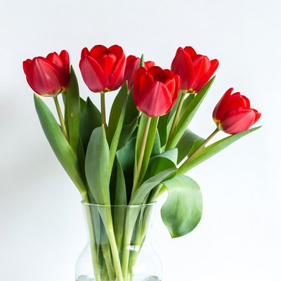 Bright red tulips in a vase on a table