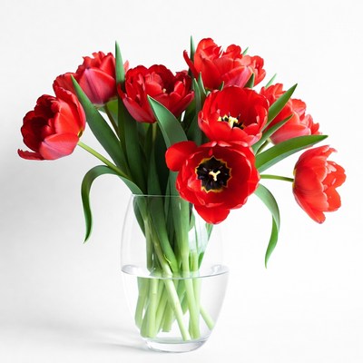 Bright red tulips in clear vase
