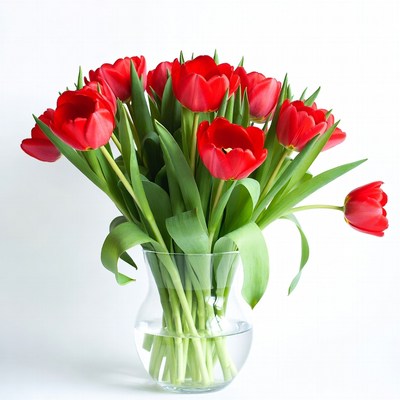Red tulips in a vase on table