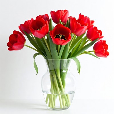 Fresh red tulips in glass vase