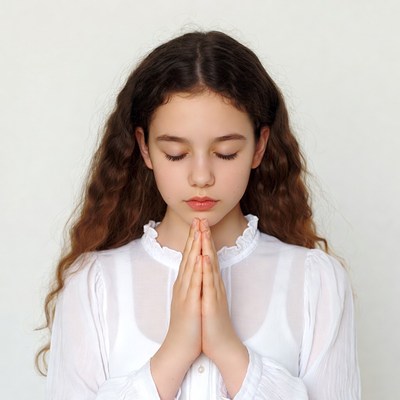 Girl in prayer with closed eyes indoors