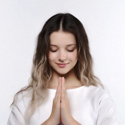 Woman with hands raised in prayer