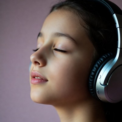 Young girl listens to music