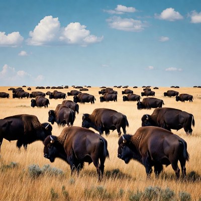 Buffalo herd grazing in open field
