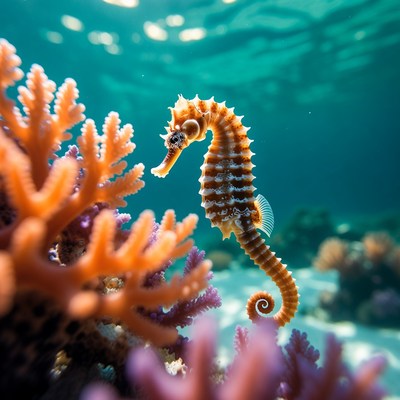 Seahorse swimming near coral reef