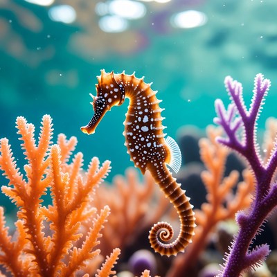 Seahorse swims among coral reef