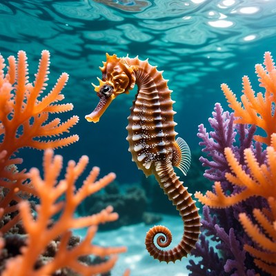 Seahorse swimming near coral reef