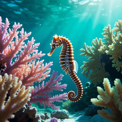 Seahorse in coral reef scene