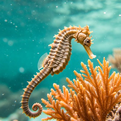 Seahorse swims near coral reef