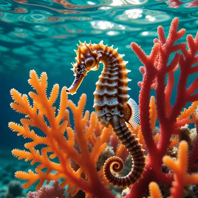 Seahorse among coral underwater scene