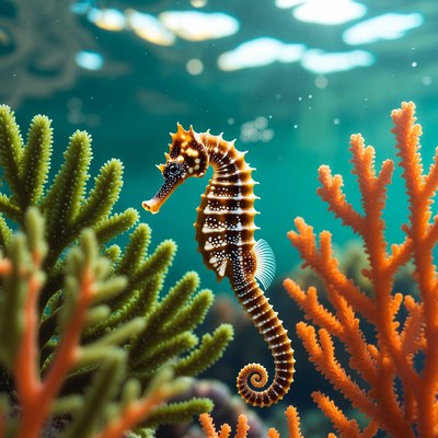 Seahorse swimming near coral reef