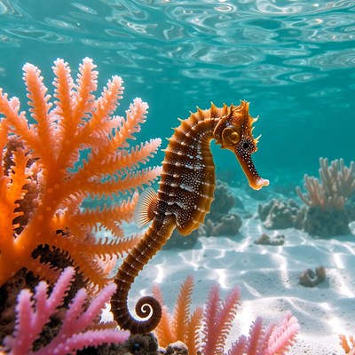 Seahorse swimming near coral