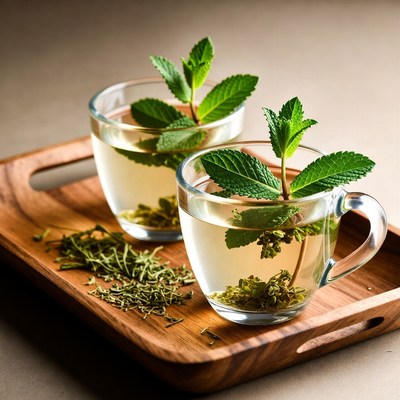Fresh herbal tea on a wooden tray
