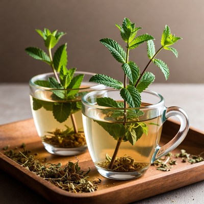 Fresh herbal tea preparation with mint leaves