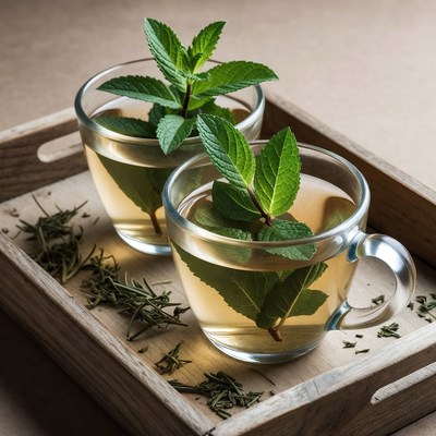Mint tea served in glass cups on a wooden tray