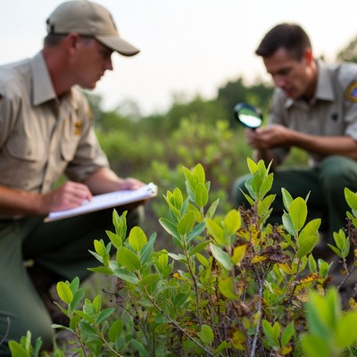 Park rangers studying plant life