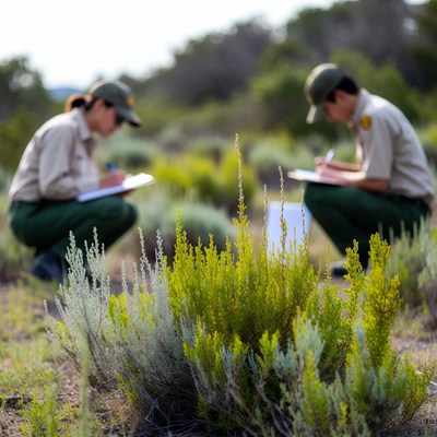 Rangers studying plants in the field
