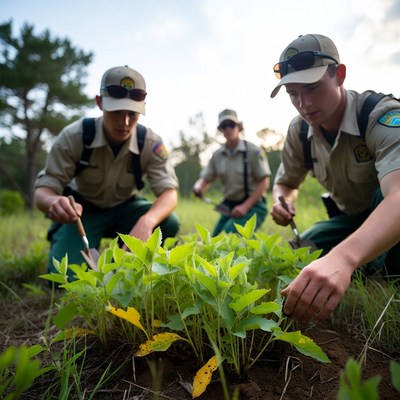 Youths tending to plants in field