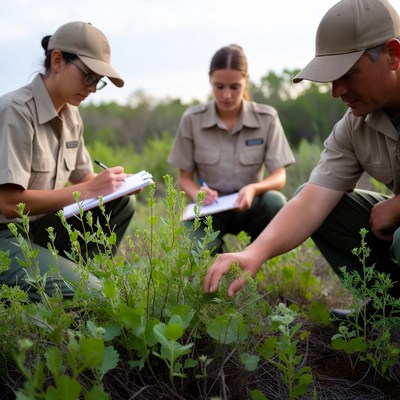 Team studies plants in field