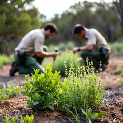 Park rangers studying plants in nature