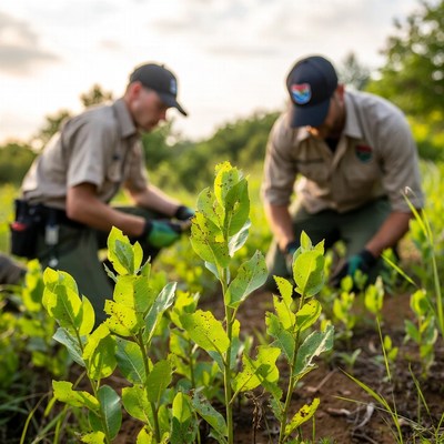 Workers tending to young plants in the field