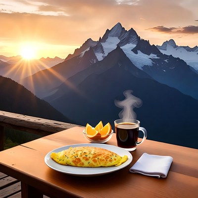Breakfast with mountain view at sunrise