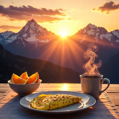 Breakfast with mountain view at sunrise