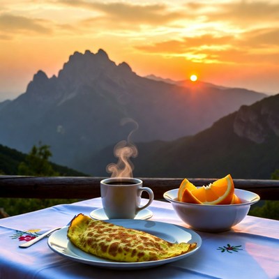 Breakfast with mountain view at sunset