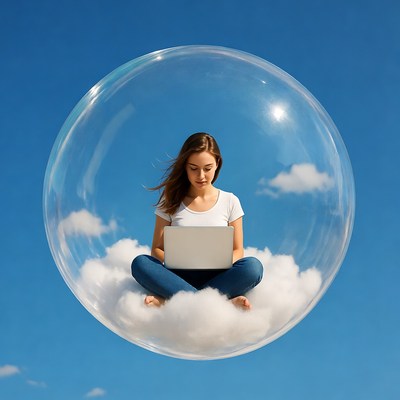 Woman working on laptop in bubble