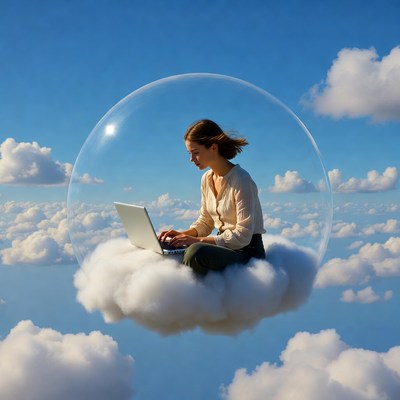 Woman working on laptop in sky