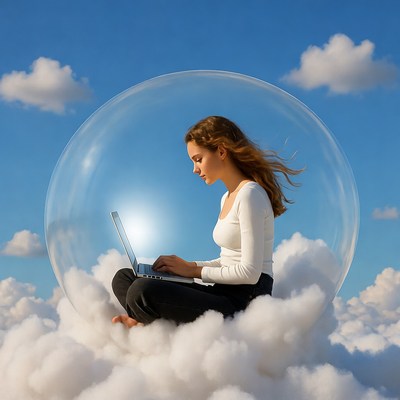 Woman working on laptop in clouds