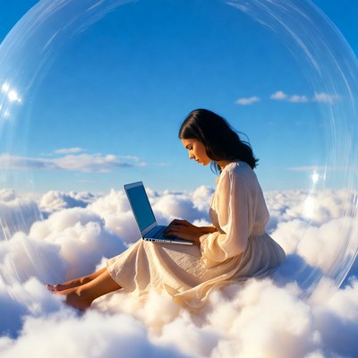 Woman working on laptop in clouds