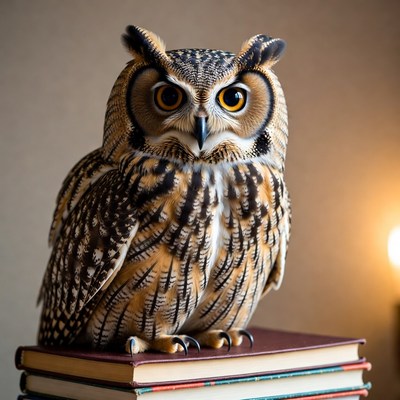 Owl perched on stack of books