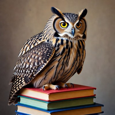 Owl perched on colorful books