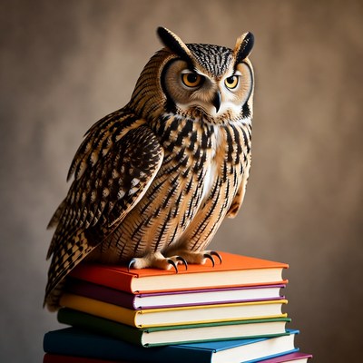 Owl sitting on colorful books