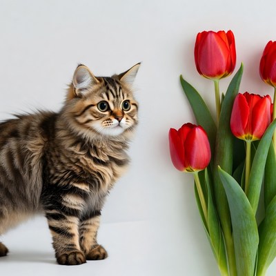 Cat and tulips in simple setting