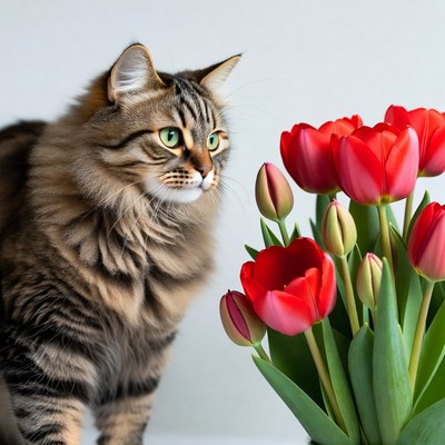 Cat near red tulips on table