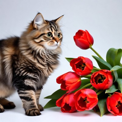 Cat near red tulips